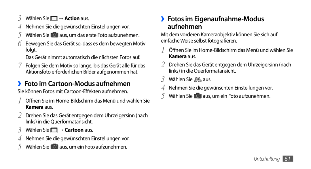 Samsung GT-I9000RWYEUR, GT-I9000HKYDRE, GT-I9000HKDEPL manual ››Foto im Cartoon-Modus aufnehmen, → Action aus, → Cartoon aus 