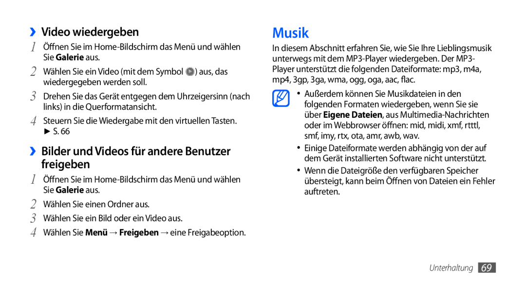 Samsung GT-I9000HKYITV, GT-I9000HKYDRE manual Musik, ››Video wiedergeben, ››Bilder und Videos für andere Benutzer freigeben 
