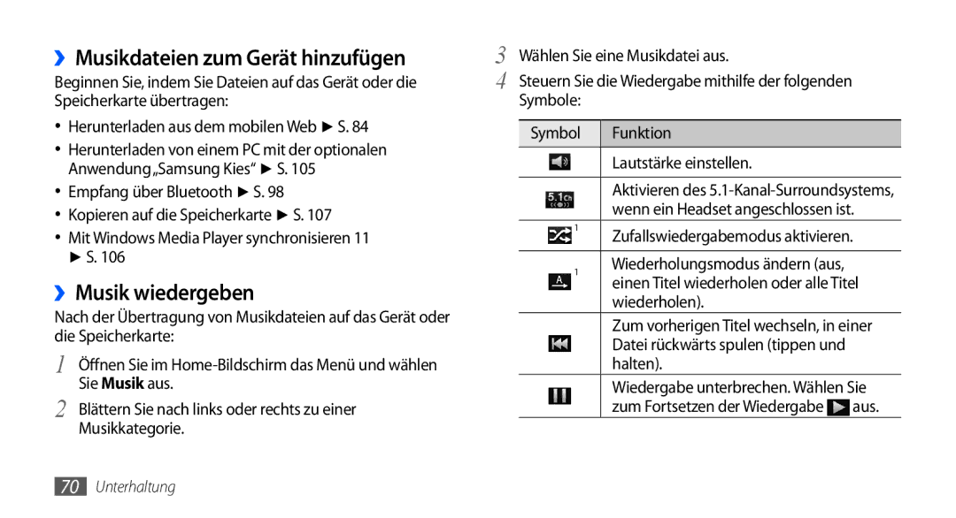 Samsung GT-I9000RWYDTM, GT-I9000HKYDRE, GT-I9000HKDEPL manual ››Musikdateien zum Gerät hinzufügen, ››Musik wiedergeben 