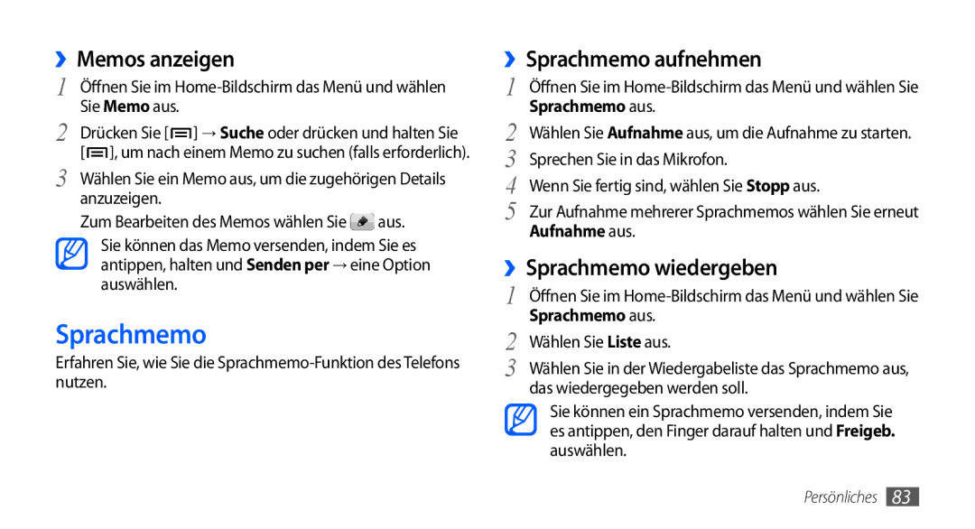 Samsung GT-I9000HKYEPL, GT-I9000HKYDRE manual ››Memos anzeigen, ››Sprachmemo aufnehmen, ››Sprachmemo wiedergeben 