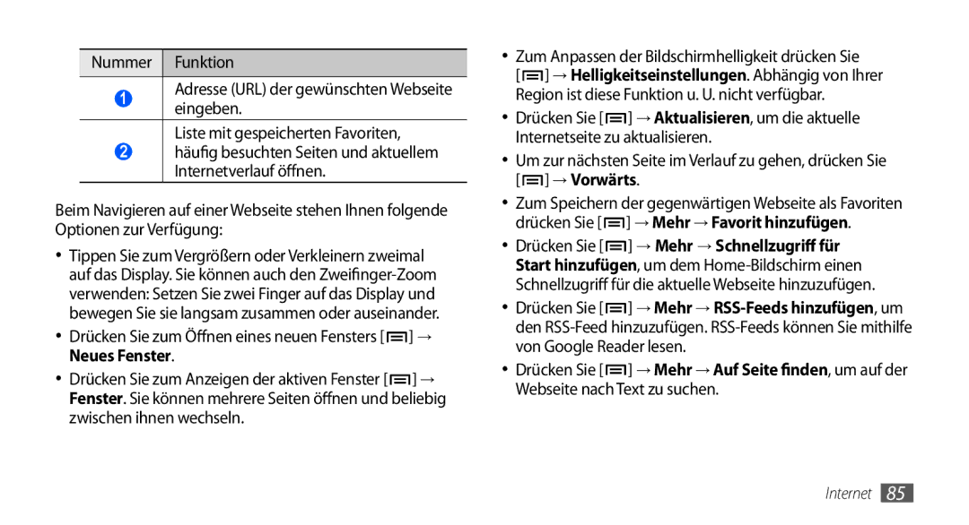 Samsung GT-I9000HKGDBT, GT-I9000HKYDRE, GT-I9000HKDEPL, GT-I9000HKDDTM, GT-I9000RWYEUR, GT-I9000RWYVIA manual Neues Fenster 