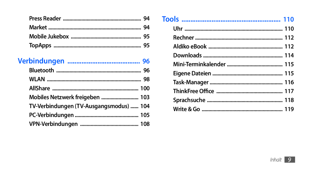 Samsung GT-I9000HKDEUR, GT-I9000HKYDRE, GT-I9000HKDEPL, GT-I9000HKDDTM, GT-I9000RWYEUR, GT-I9000RWYVIA, GT-I9000HKYEUR manual 110 