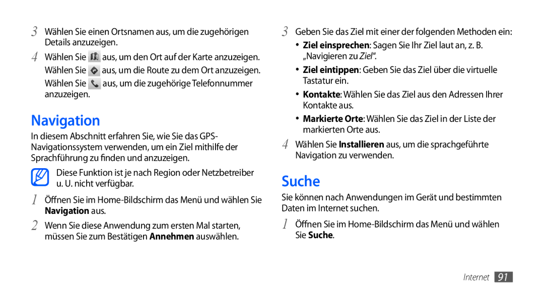 Samsung GT-I9000RWYVIA, GT-I9000HKYDRE, GT-I9000HKDEPL, GT-I9000HKDDTM manual Suche, Nicht verfügbar, Navigation aus 