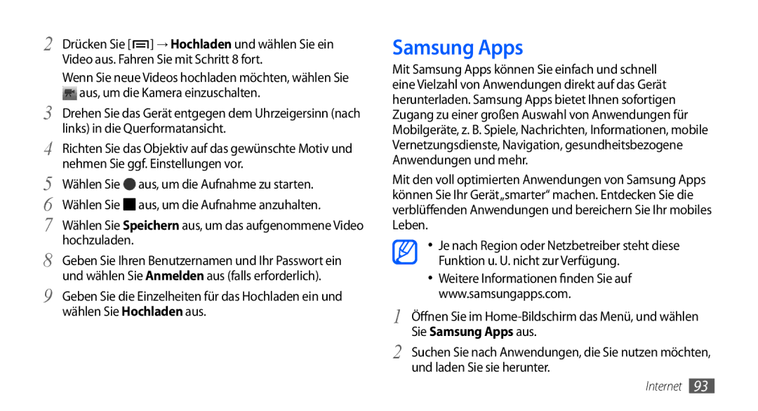 Samsung GT-I9000HKDDBT, GT-I9000HKYDRE, GT-I9000HKDEPL manual Samsung Apps, Wählen Sie aus, um die Aufnahme zu starten 