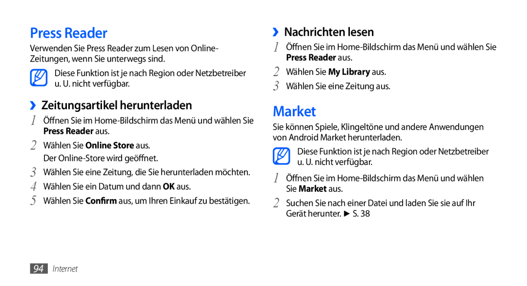 Samsung GT-I9000HKDATO, GT-I9000HKYDRE Market, ››Zeitungsartikel herunterladen, ››Nachrichten lesen, Press Reader aus 