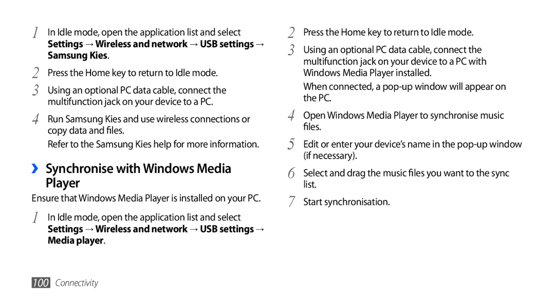 Samsung GT-I9000HKYMOB, GT-I9000HKYDRE, GT-I9000HKDEPL manual ›› Synchronise with Windows Media Player, Samsung Kies 
