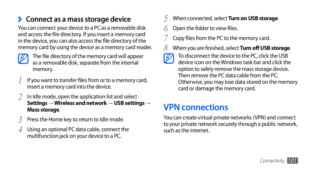 Samsung GT-I9000HKAVIA, GT-I9000HKYDRE, GT-I9000HKDEPL VPN connections, ›› Connect as a mass storage device, Mass storage 