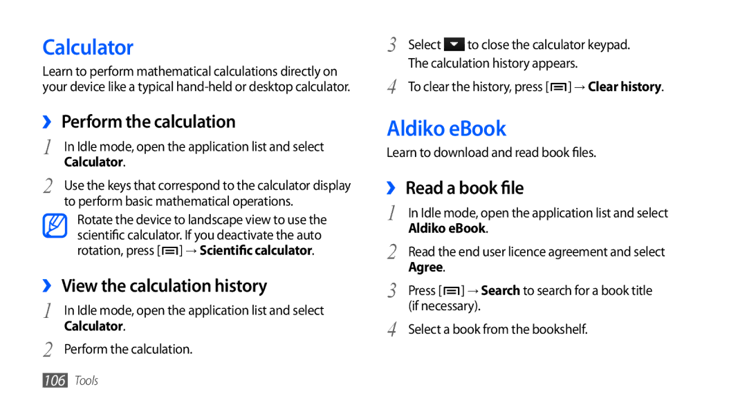 Samsung GT-I9000HKYVIA manual Calculator, Aldiko eBook, ›› Perform the calculation, ›› View the calculation history 