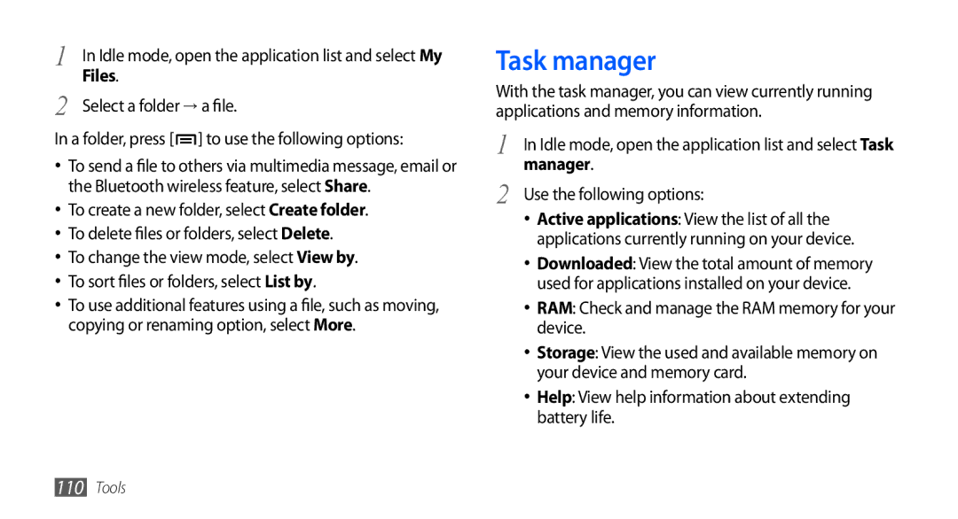 Samsung GT-I9000RWYDBT, GT-I9000HKYDRE, GT-I9000HKDEPL, GT-I9000HKDDTM, GT-I9000RWYEUR manual Task manager, Files, Manager 