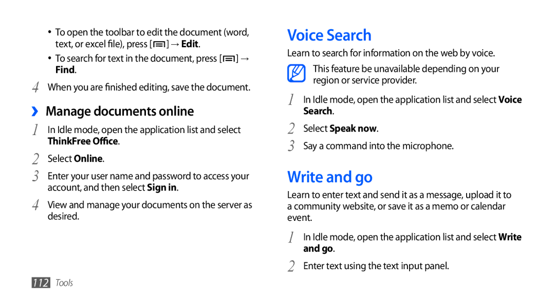 Samsung GT-I9000HKYEPL, GT-I9000HKYDRE manual Voice Search, Write and go, ›› Manage documents online, Select Speak now 