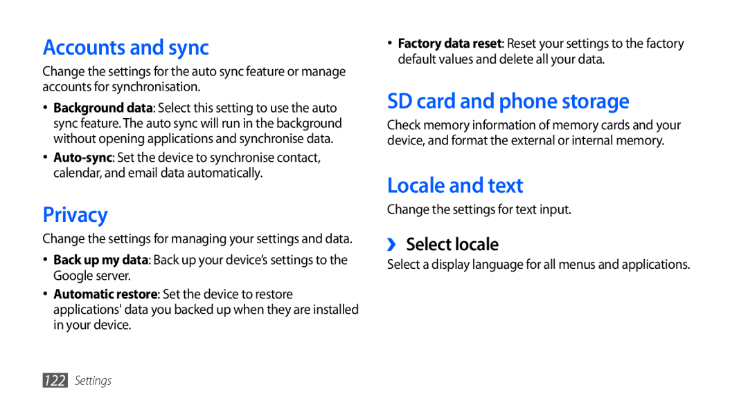 Samsung GT-I9000HKDDBT manual Accounts and sync, Privacy, SD card and phone storage, Locale and text, ›› Select locale 