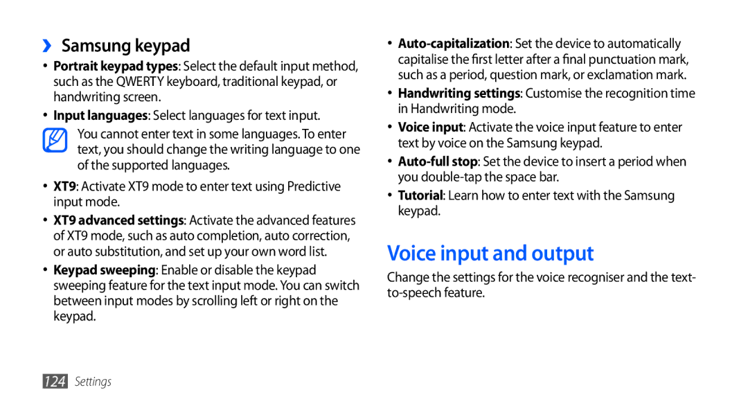 Samsung GT-I9000HKAVD2 manual Voice input and output, ›› Samsung keypad, Input languages Select languages for text input 