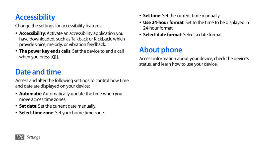 Samsung GT-I9000HKDVIA manual Accessibility, Date and time, About phone, Change the settings for accessibility features 