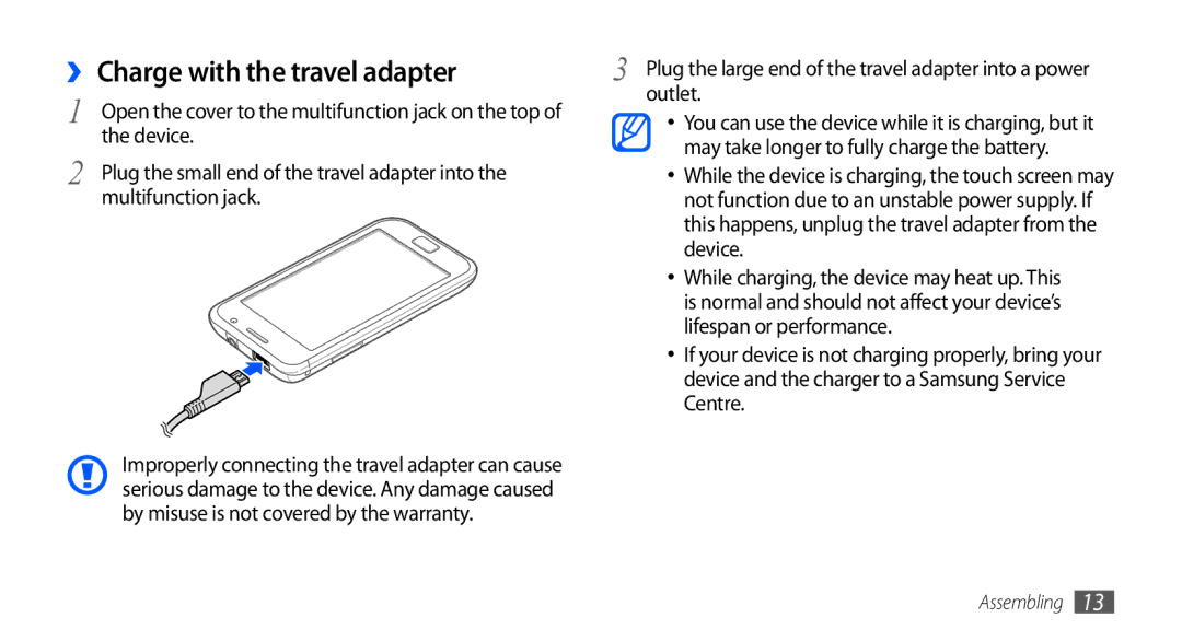 Samsung GT-I9000HKYMOB, GT-I9000HKYDRE manual ›› Charge with the travel adapter, Device, Multifunction jack, Outlet 