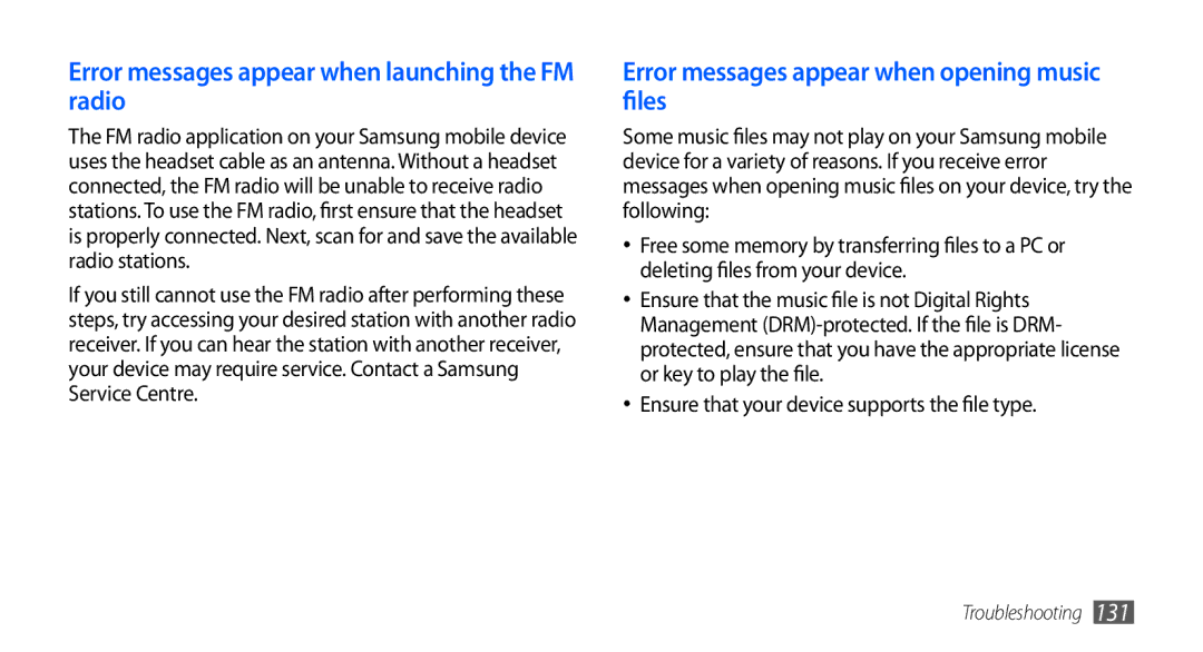 Samsung GT-I9000RWYATO Error messages appear when launching the FM radio, Error messages appear when opening music files 