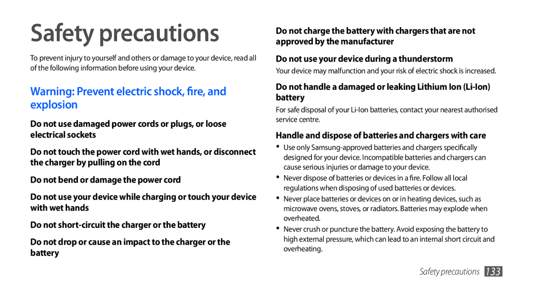 Samsung GT-I9000HKYDTM, GT-I9000HKYDRE manual Safety precautions, Handle and dispose of batteries and chargers with care 