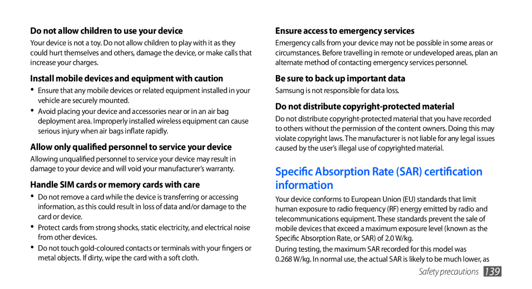 Samsung GT-I9000RWYDBT Specific Absorption Rate SAR certification information, Do not allow children to use your device 