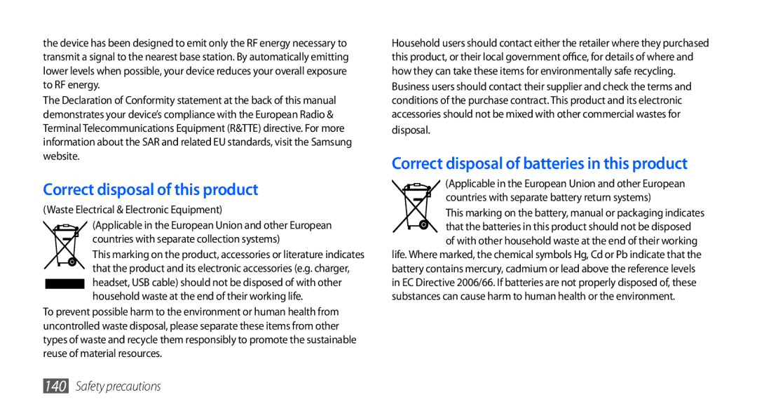 Samsung GT-I9000HKYVD2, GT-I9000HKYDRE Correct disposal of this product, Correct disposal of batteries in this product 