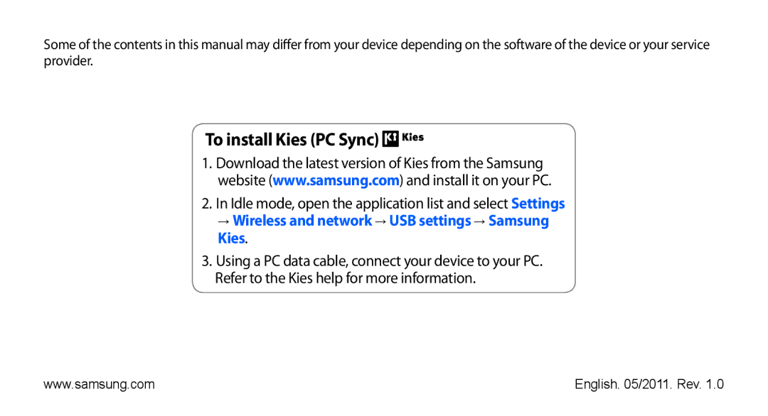 Samsung GT-I9000RWYEUR, GT-I9000HKYDRE manual To install Kies PC Sync, → Wireless and network → USB settings → Samsung Kies 