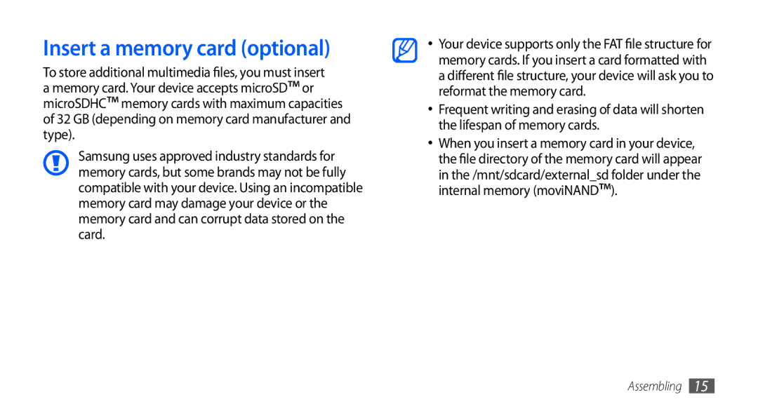 Samsung GT-I9000RWYATO, GT-I9000HKYDRE, GT-I9000HKDEPL, GT-I9000HKDDTM, GT-I9000RWYEUR manual Insert a memory card optional 