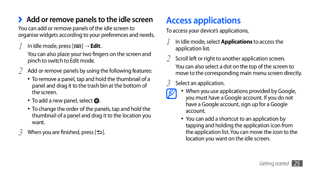 Samsung GT-I9000HKYEPL Access applications, To access your device’s applications, Application list, Select an application 