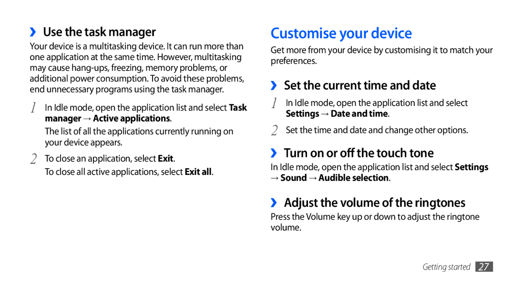 Samsung GT-I9000HKGDBT, GT-I9000HKYDRE Customise your device, ›› Use the task manager, ›› Set the current time and date 