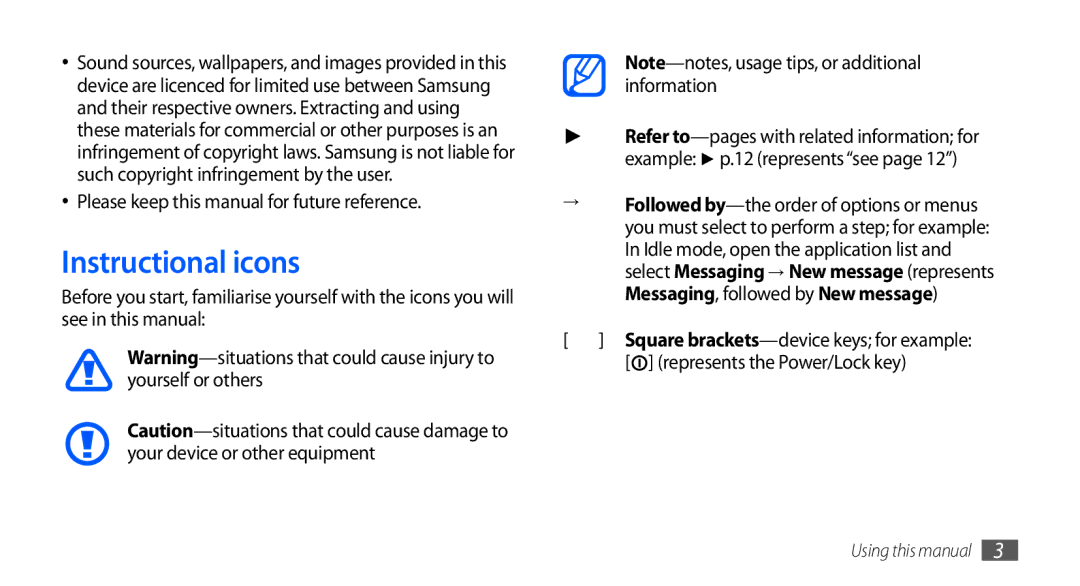 Samsung GT-I9000RWYEUR, GT-I9000HKYDRE, GT-I9000HKDEPL Instructional icons, Please keep this manual for future reference 