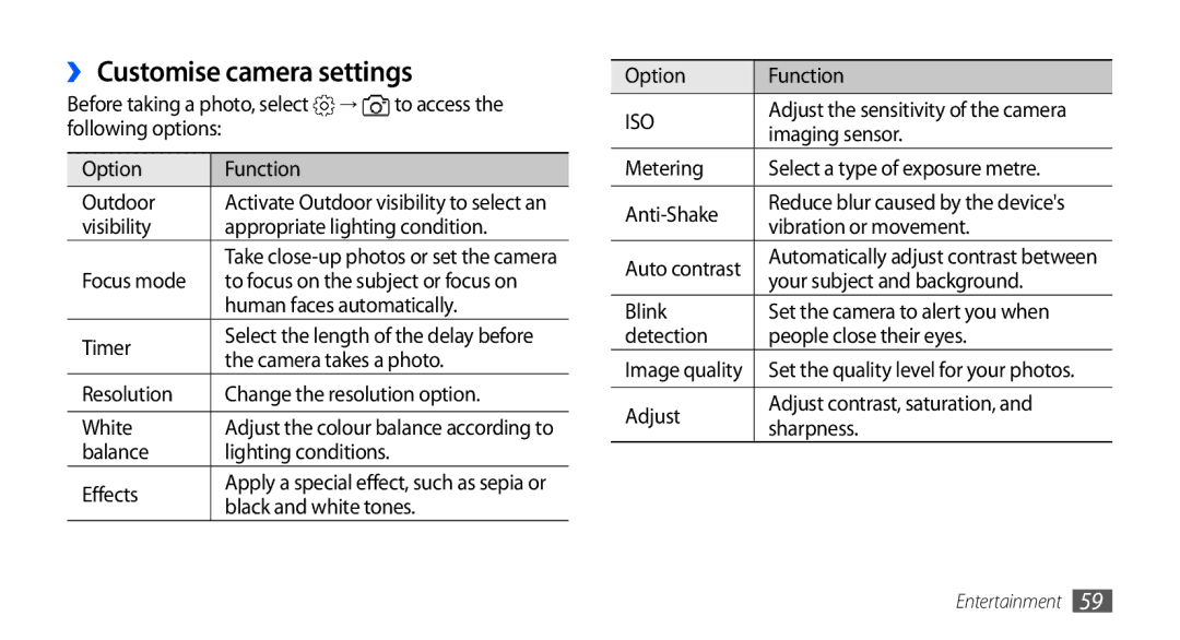 Samsung GT-I9000HKDEPL, GT-I9000HKYDRE, GT-I9000HKDDTM, GT-I9000RWYEUR, GT-I9000RWYVIA manual ›› Customise camera settings 