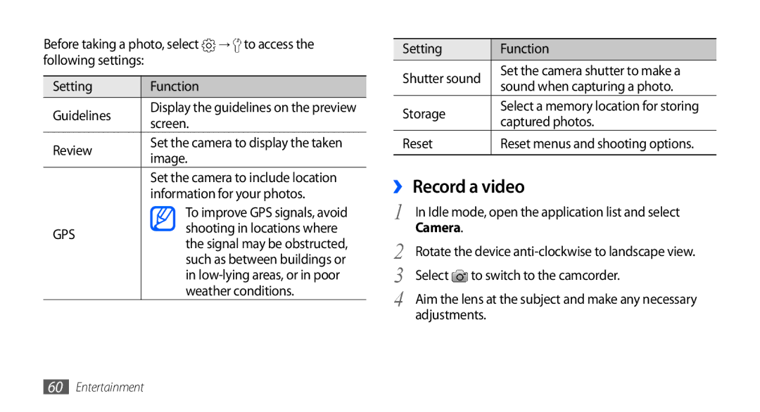 Samsung GT-I9000HKDDTM, GT-I9000HKYDRE, GT-I9000HKDEPL, GT-I9000RWYEUR, GT-I9000RWYVIA, GT-I9000HKYEUR manual ›› Record a video 