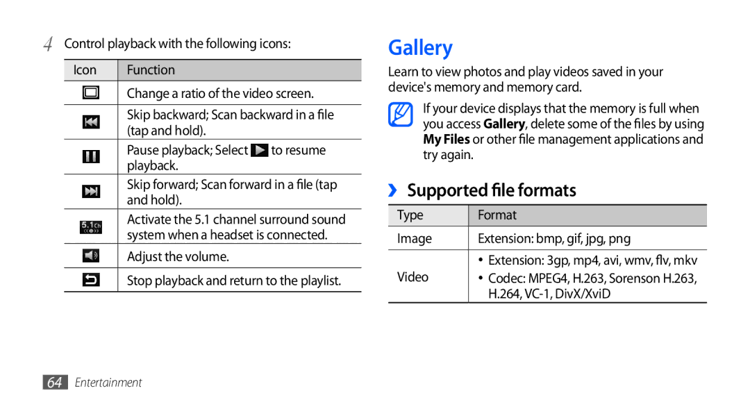 Samsung GT-I9000HKDDBT, GT-I9000HKYDRE, GT-I9000HKDEPL, GT-I9000HKDDTM, GT-I9000RWYEUR Gallery, ›› Supported file formats 