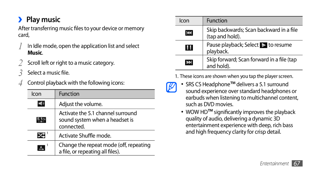 Samsung GT-I9000HKDEUR, GT-I9000HKYDRE manual ›› Play music, Scroll left or right to a music category, Select a music file 