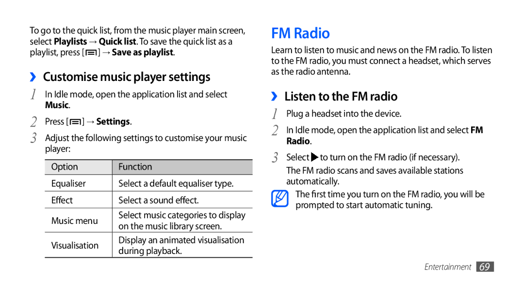 Samsung GT-I9000HKYITV, GT-I9000HKYDRE manual FM Radio, ›› Customise music player settings, ›› Listen to the FM radio 