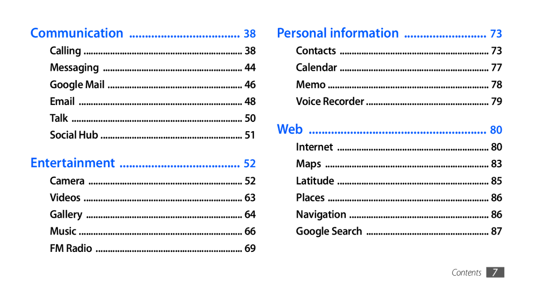 Samsung GT-I9000HKDATO, GT-I9000HKYDRE, GT-I9000HKDEPL manual Communication Personal information, Web, Entertainment 