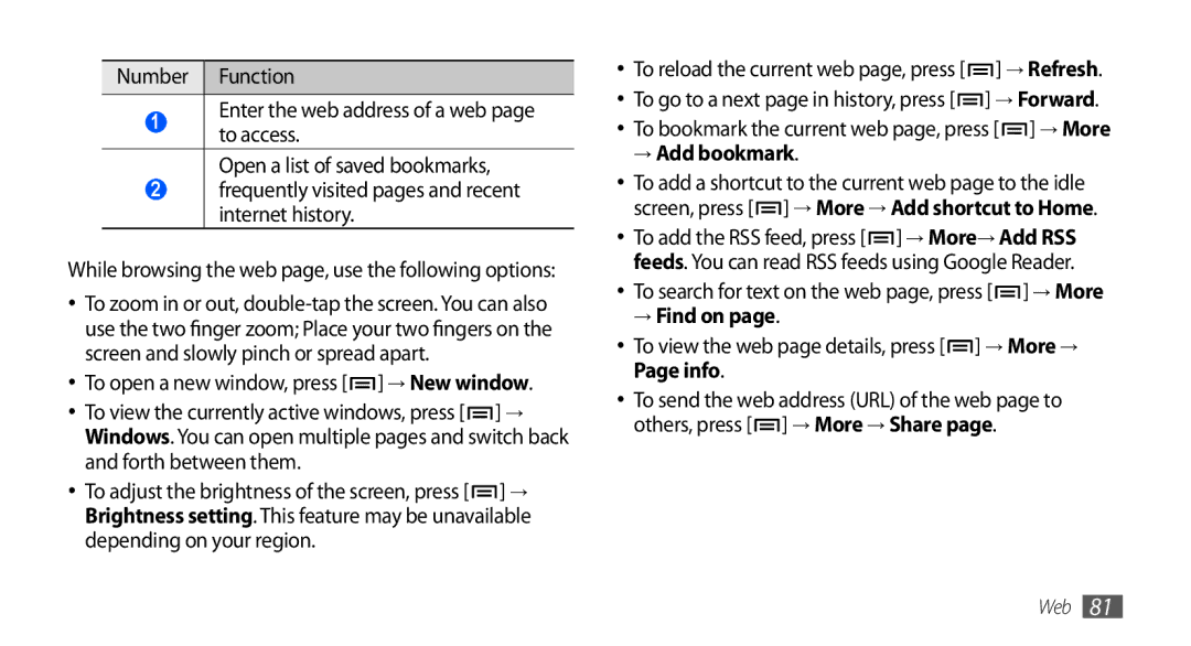 Samsung GT-I9000RWYDBT manual To open a new window, press → New window, Forth between them, → Add bookmark, → Find on 