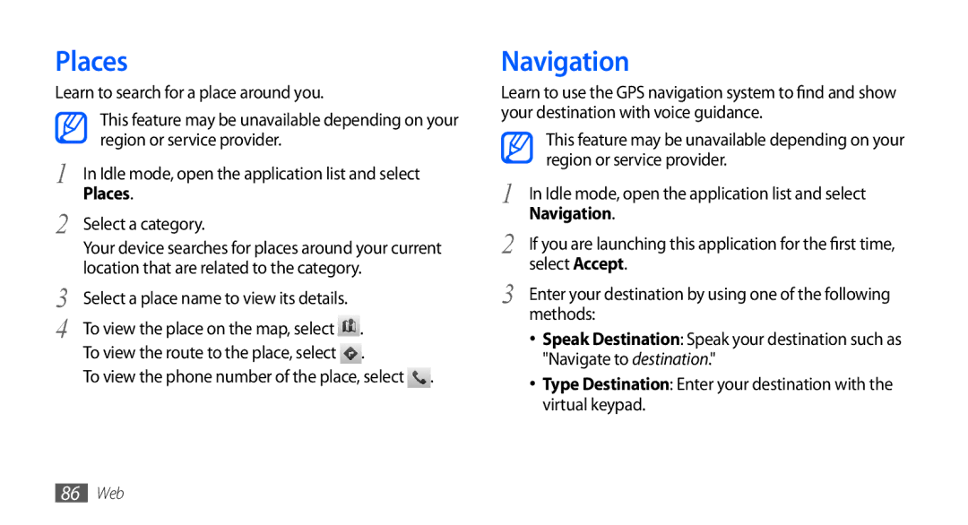 Samsung GT-I9000HKADBT, GT-I9000HKYDRE, GT-I9000HKDEPL, GT-I9000HKDDTM, GT-I9000RWYEUR, GT-I9000RWYVIA manual Places, Navigation 