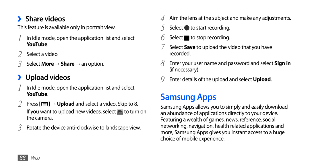 Samsung GT-I9000HKDEPL, GT-I9000HKYDRE, GT-I9000HKDDTM manual Samsung Apps, ›› Share videos, ›› Upload videos, YouTube 