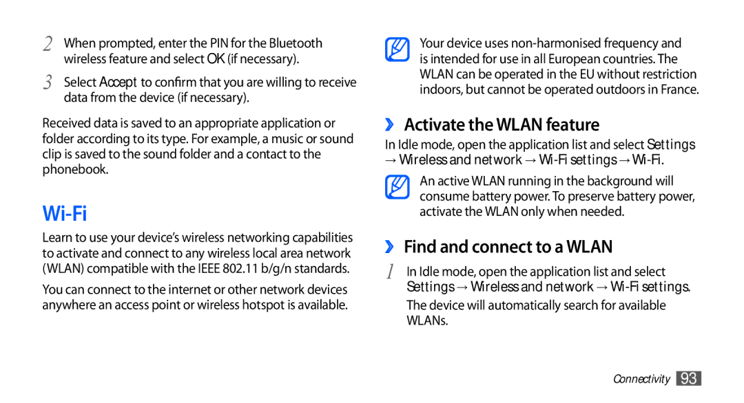 Samsung GT-I9000HKDDBT, GT-I9000HKYDRE, GT-I9000HKDEPL Wi-Fi, ›› Activate the Wlan feature, ›› Find and connect to a Wlan 