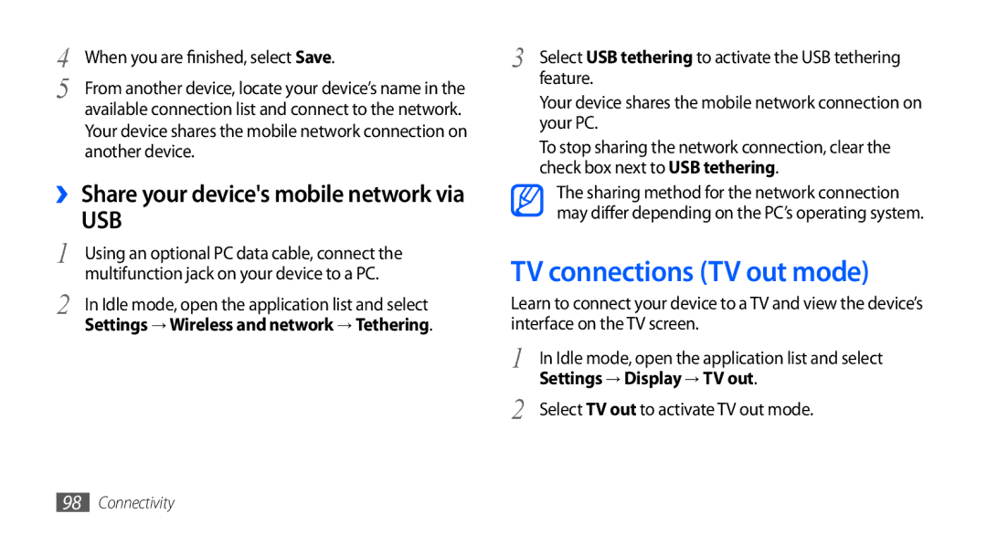 Samsung GT-I9000HKYITV TV connections TV out mode, Settings → Display → TV out, Select TV out to activate TV out mode 