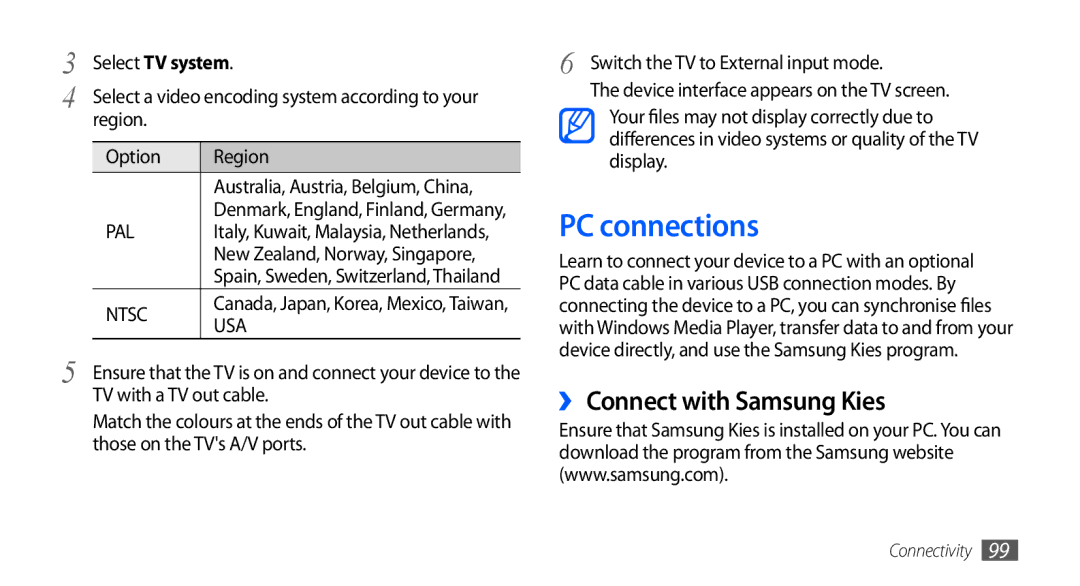 Samsung GT-I9000RWYDTM, GT-I9000HKYDRE manual PC connections, ›› Connect with Samsung Kies, Select TV system, Region Option 