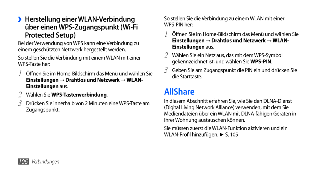 Samsung GT-I9000HKYVIA, GT-I9000HKYDRE, GT-I9000HKDEPL manual AllShare, Wählen Sie WPS-Tastenverbindung, Die Starttaste 