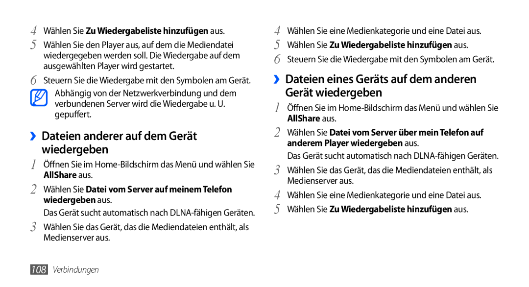 Samsung GT-I9000HKDVD2 manual ››Dateien anderer auf dem Gerät, Wiedergeben aus, Anderem Player wiedergeben aus 