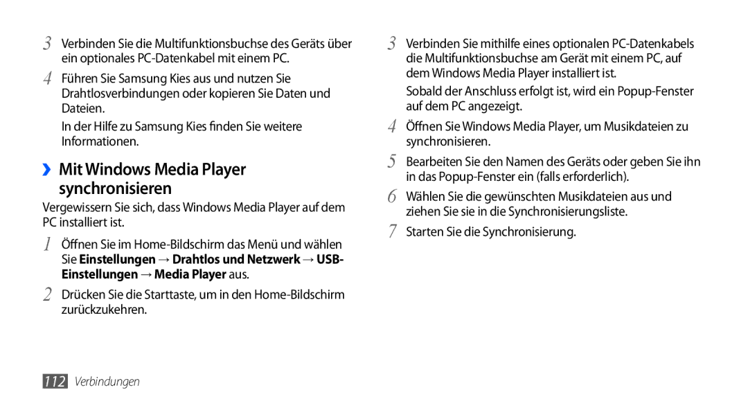 Samsung GT-I9000HKYEPL, GT-I9000HKYDRE manual ››Mit Windows Media Player synchronisieren, Starten Sie die Synchronisierung 