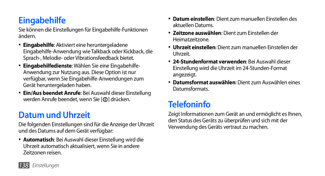 Samsung GT-I9000HKADTM, GT-I9000HKYDRE, GT-I9000HKDEPL, GT-I9000HKDDTM manual Eingabehilfe, Datum und Uhrzeit, Telefoninfo 