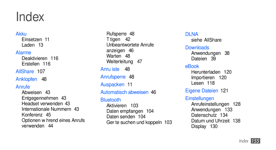 Samsung GT-I9000HKDVIA, GT-I9000HKYDRE, GT-I9000HKDEPL, GT-I9000HKDDTM, GT-I9000RWYEUR, GT-I9000RWYVIA, GT-I9000HKYEUR Index 