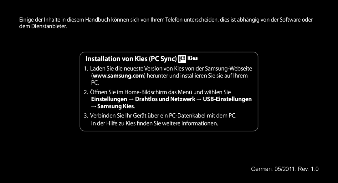 Samsung GT-I9000HKYDTM, GT-I9000HKYDRE, GT-I9000HKDEPL, GT-I9000HKDDTM, GT-I9000RWYEUR manual Installation von Kies PC Sync 