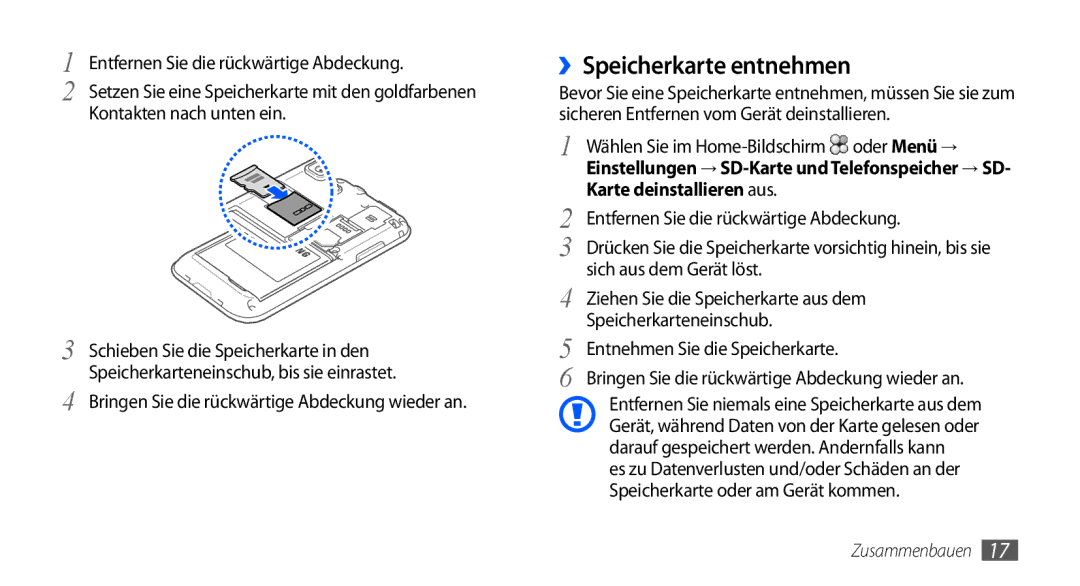 Samsung GT-I9000HKYDTM, GT-I9000HKYDRE, GT-I9000HKDEPL, GT-I9000HKDDTM ››Speicherkarte entnehmen, Karte deinstallieren aus 