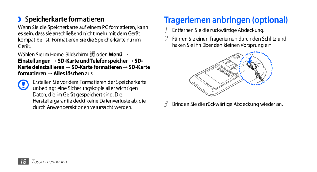 Samsung GT-I9000HKYDBT, GT-I9000HKYDRE, GT-I9000HKDEPL manual Trageriemen anbringen optional, ››Speicherkarte formatieren 