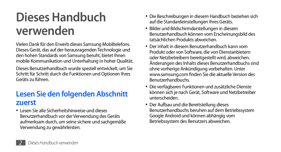 Samsung GT-I9000HKDDTM, GT-I9000HKYDRE, GT-I9000HKDEPL Dieses Handbuch verwenden, Lesen Sie den folgenden Abschnitt zuerst 