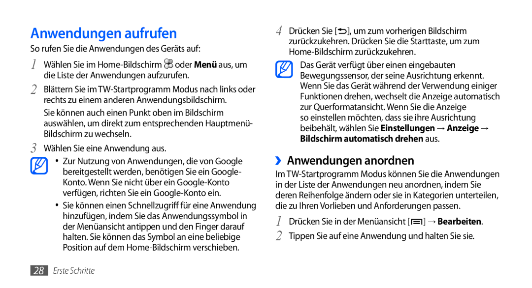 Samsung GT-I9000HKADBT, GT-I9000HKYDRE, GT-I9000HKDEPL, GT-I9000HKDDTM manual Anwendungen aufrufen, ››Anwendungen anordnen 