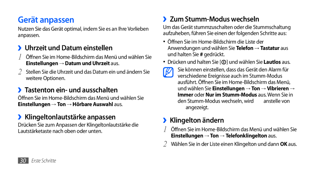 Samsung GT-I9000HKDEPL, GT-I9000HKYDRE, GT-I9000HKDDTM, GT-I9000RWYEUR, GT-I9000RWYVIA, GT-I9000HKYEUR manual Gerät anpassen 